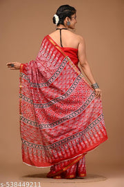 Premium quality soft zari cotton mulmul vanaspati Ajrakh printed saree 6.5 mtrs with zari cotton blouse piece