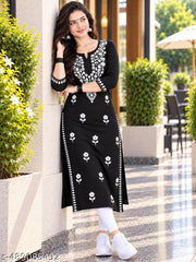 Vedant  Womens Hand Embroidered Lucknowi Chikankari Rayon Kurta-Black