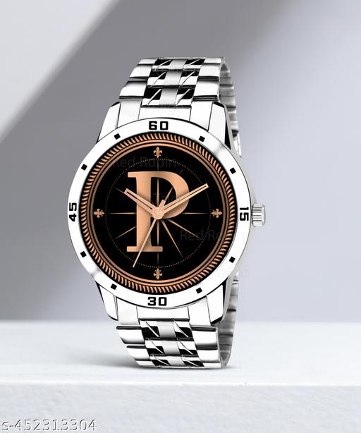 Skoal Analog Round Black Dial ALPHABET P Design Stylish Silver Stainless Steel Strap Classic Design Fancy Wrist Watch for Men and Boys, Pack of 1 - ALPHA-P-AVO-SIL-STL