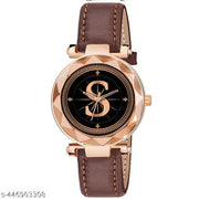 Skoal Analog Round Black Dial ALPHABET S Design Stylish Brown Leather Strap Classic Design Fancy Wrist Watch for Women and Girls, Pack of 1 - ALPHA-S-GEN-RG-BRW-L