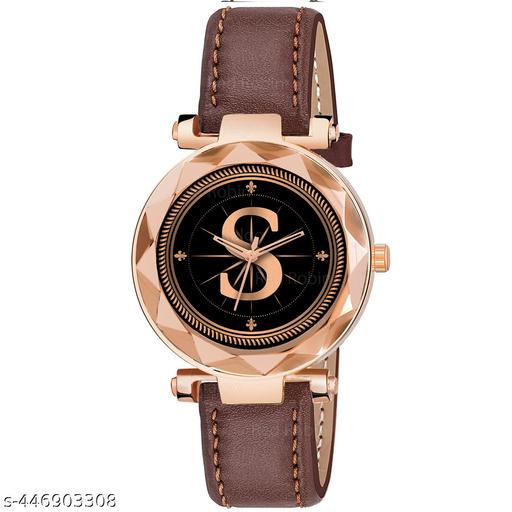 Skoal Analog Round Black Dial ALPHABET S Design Stylish Brown Leather Strap Classic Design Fancy Wrist Watch for Women and Girls, Pack of 1 - ALPHA-S-GEN-RG-BRW-L