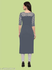 Casual American Crepe And Net Round-Neck 3/4 Length Sleeve Grey Kurti (45"Inches)