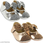 Neska Moda 6 To 12 Months Baby Girls Belly Shoe Fancy Partywear Bow Baby Sandal Velcro Booties (Toe to Heel Length - 12 cm, Brown, Silver)-BT1611andBT1612