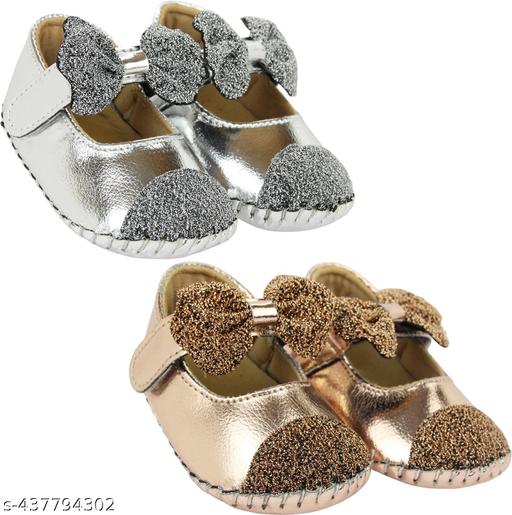 Neska Moda 6 To 12 Months Baby Girls Belly Shoe Fancy Partywear Bow Baby Sandal Velcro Booties (Toe to Heel Length - 12 cm, Brown, Silver)-BT1611andBT1612