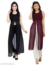 Shimao women Georgette round neck kurti (Black and Wine)