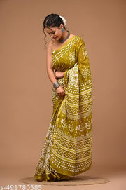Jaipuri Printed Soft Zari Cotton Mulmul Saree With Attached zari Blouse Piece for Woman