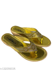 Women’s Golden Embellished Ethnic Flat Slippers | Stylish Stone Work Toe-Post Chappal for Women & Girls | Festive & Party Wear