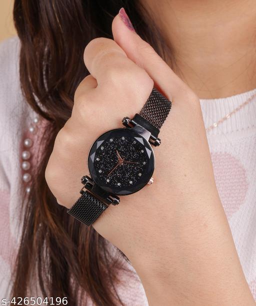 New Magnetic Strap Black Dial Analog Wrist Watch for Women's and Gilr's