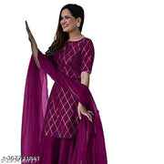 Eshanay Fashion Women's Beautiful Rayon Printed Round Neck Kurta And Sharara With Net Dupatta Set