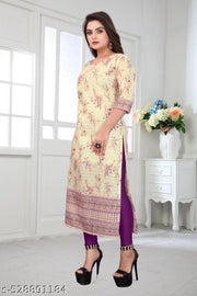 Women’s Floral Printed Straight Kurti | 3/4 Sleeve Ethnic Kurta | Round Neck Stylish Kurti | Casual, Office Wear, Daily Wear & Festive Outfit