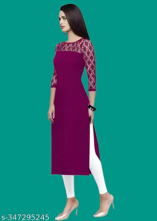 Casual American Crepe And Net Round-Neck 3/4 Length Sleeves Wine Kurti (45"Inches)