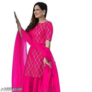 Eshanay Fashion Women's Beautiful Rayon Printed Round Neck Kurta And Sharara With Net Dupatta Set