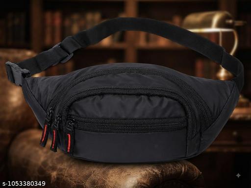 Black Unisex Hip Bag with Adjustable Buckle Strap | Multi-Zipper Travel Utility Bag
