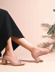 JM LOOKS Women's Pointed Toe Block Heel Pumps with Double Ring Chain Detail – Stylish Textured Formal Sandal for Women