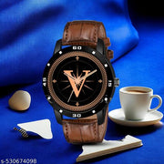 Femeo   Analog 9293  Watches Round Black Dial V Design Stylish Brown Leather Strap Classic Design Fancy Wrist Watch for Men and Boys, Pack of 1 - A07ZALPHA-V-AVO-BLK-DBRW-CRL