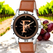 Femeo  Analog 9109 Watches Round Black Dial F Design Stylish Beige Leather Strap Classic Design Fancy Wrist Watch for Men and Boys, Pack of 1 - A07ZALPHA-F-AVO-SIL-TAN-PL