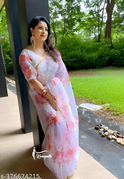 Bollywood White colour Floral Organza Saree With Fully Stiched Styles Blouse Upto 42 Size