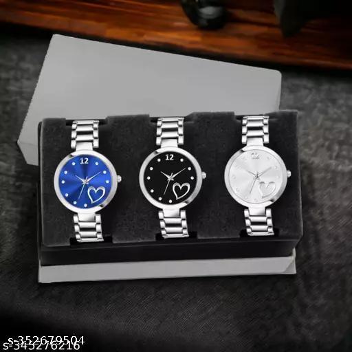 TRENDING MULTI-COLOR ((BLUE BLACK SILVER  DIAL ANALOG SILVER STAINLESS STEEL STRAP 3 COMBO WATCH ,