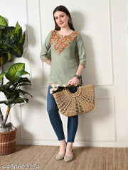 Womens Pista Green Embroidered Short Kurti