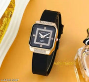 Trending black diamond rubber strap square shape quartz watch for girls