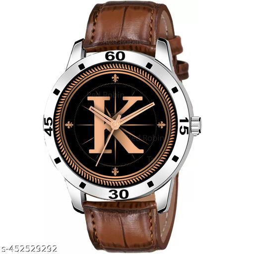 SKOAL Analog Round Black Dial ALPHABET K Design Stylish Brown Leather Strap Classic Design Fancy Wrist Watch for Men and Boys, Pack of 1 - ALPHA-K-AVO-SIL-DBRW-CRL -1