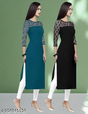 Polyster/Crepe fabric-Pack of 1 Casual And Round-Neck 3/4 Length Sleeves Rama & Black Kurti (42"Inches)