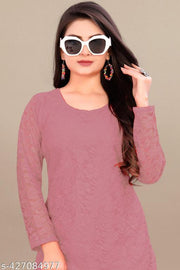 Trendy Light Chocolaty(Pech) Designer Net Kurti | Light Chocolaty(Pech) Net Kurti for Women | Designer Embroidered Partywear Kurti