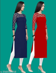 Pack of 1 Casual American Crepe And Net Round-Neck 3/4 Length Sleeves Navy Blue & Red Kurti (42"Inches)