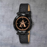 Atix ALPHABET "A" New Arrival Stylish Analog Wrist Watch for Women and Girls - Classic Round Black Dial with Trendy Black Leather Strap| Pack of 1 | ALPHA-A-GEN-BK-BLK-CUTL