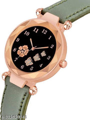Flower Butterfly Design Dial Pink Lather Strap Woman Analog Watch