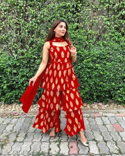 New Gorgeous Sharara RED Rayon Fabric Kurti With Net Dupatta For Occasional/Daily Wear