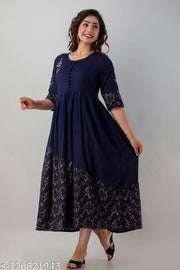 New Stylish Gold Print Rayon Anarkali Long Flared Kurti
