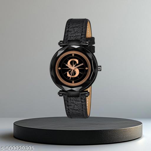Atix ALPHABET "S" Classic Analog Wrist Watch for Women & Girls - New Arrival with Stylish Black Dial and Black Leather Strap| Pack of 1 | ALPHA-S-GEN-BK-BLK-CUTL