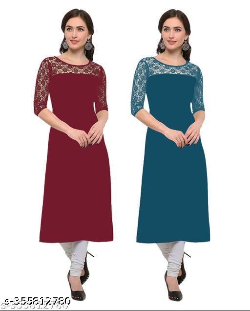 Polyster/Crepe fabric-Pack of 1 Casual And Round-Neck 3/4 Length Sleeves Maroon & Rama Kurti (42"Inches)