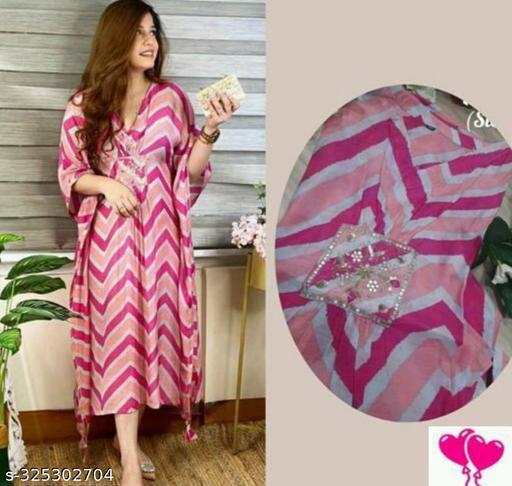 Trendy New Stylish Western Wear Chevron Printed Design Rayon Kaftan for Women's Ethnic Wear Party Wear Dress Pink White