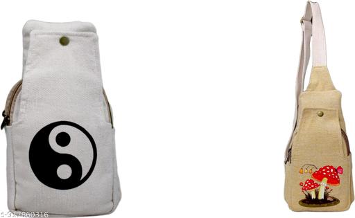 Beige & Natural Cotton Canvas Sling Bag with Black Yin Yang Symbol and Red Mushroom Print | Eco-Friendly Crossbody Shoulder Bag for Travel, College & Daily Use