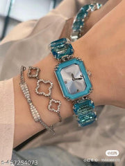 EFS Fashion Brand Wrist Watches Women Girl Beautiful Rectangle Colorful Gems Design Steel Metal Band Clock S72 02 - Blue Silver Crystal