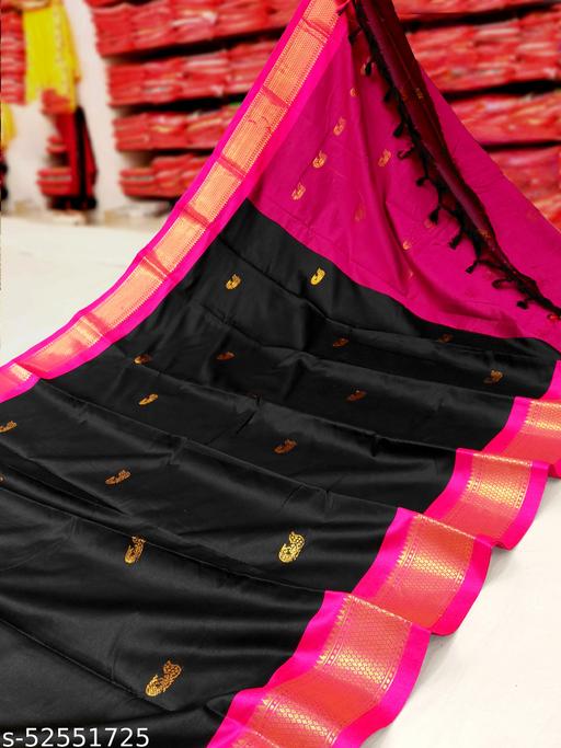 Paithani Cotton Silk Black Tassels and Latkans Saree With Blouse