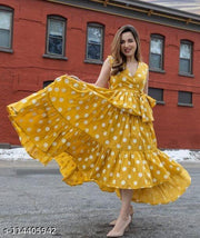 Women's/girls polka dot printed flared sleeveless yellow kurta