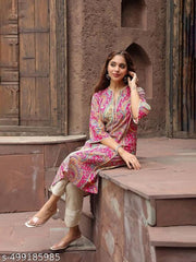 Women's  Multi print Rayon Straight Kurtis with lace work
