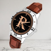 Welix Analog Round Black Dial ALPHABET R Design Stylish Brown Leather Strap Classic Design Fancy Wrist Watch for Men and Boys, Pack of 1 - ALPHA-R-AVO-SIL-BRW-CHL