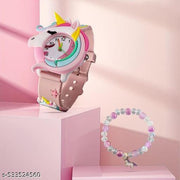 Pink Baby Girls Cartoon Unicorn Quartz Wristwatch With Cute Braclate Free