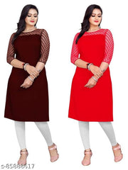 3/4th Sleeves American Crepe And Rasal Net Kurti Pack Of 2 (45"Inches)