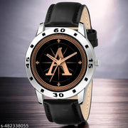 Natrix Analog Round Black Dial ALPHABET A Design Stylish Black Leather Strap Classic Design Fancy Wrist Watch for Men and Boys, Pack of 1 - ALPHA-A-AVO-SIL-BLK-L