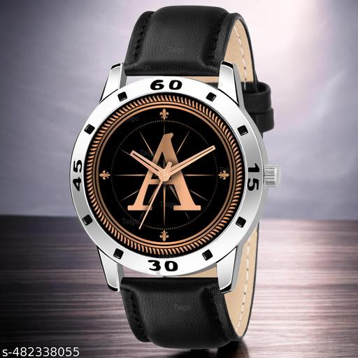 Natrix Analog Round Black Dial ALPHABET A Design Stylish Black Leather Strap Classic Design Fancy Wrist Watch for Men and Boys, Pack of 1 - ALPHA-A-AVO-SIL-BLK-L