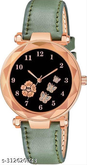 Flower Butterfly Design Dial Pink Lather Strap Woman Analog Watch