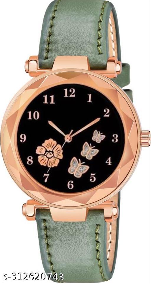 Flower Butterfly Design Dial Pink Lather Strap Woman Analog Watch