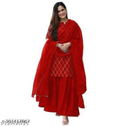 Women's Beautiful Rayon Printed Round Neck Kurta And Sharara With Net Dupatta Set