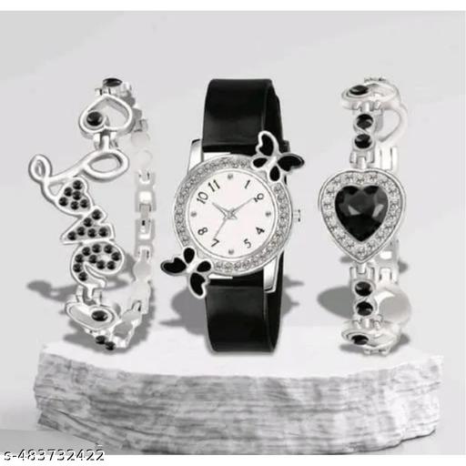 NEW ATTRACTIVE MULTICOLOR BF DESIGN WATCH & 2 BRACELET COMBO FOR GIRLS & WOMEN