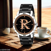 MAVIA WATCHESAnalog Round sliver Dial ALPHABET R Design Stylish black Strap Classic Design Fancy Watch for Men and Boys, Pack of 1 ALPHABET R-AVO-SIL-CDBLK-1